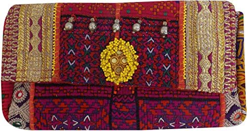 Jaipur Forever Women's Vintage Clutch Bags Old Textile With Coins Pom Bag 15Cm* 26Cm Antique Color