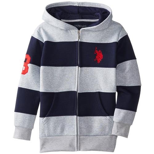 U.S. Polo Assn. Big Boys' Cut and Sew Wide Stripe Fleece Hoody, Red/Navy, 10/12