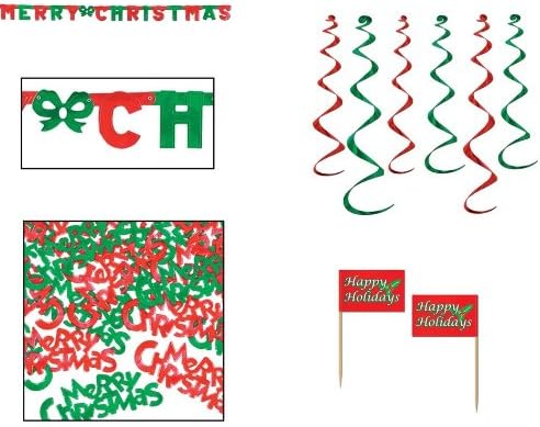 FESTIVE Christmas PARTY DECORATIONS/DECOR/Foil BANNER/Food/Appetizer PICKS/FANCY CONFETTI/6 DANGLING WHIRLS/Swirls/MERRY CHRISTMAS/HAPPY HOLIDAYS/OFFICE PARTY