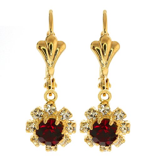 3/4 Inch Red Round Cubic Zirconia CZ Flower Gold Plated Earrings