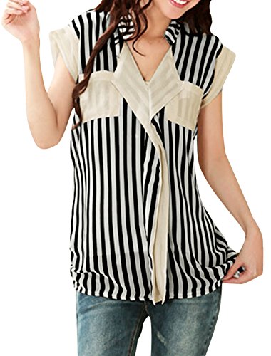 Allegra K Women Vertical Stripe Front Casual Shirt Summer Tops Blouse