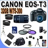 Canon EOS Rebel T3 12.2 MP CMOS Digital SLR with Canon 18-55mm IS II Lens and Canon 75-300 Lens (Black) +58mm 2x Telephoto lens + 58mm Wide Angle Lens (4 Lens Kit!!!) W/32GB SDHC Memory +2 Extra Batteries+AC/DC Charger +UV Filters+3 Piece Filter Kit+Case+Full Size Tripod+Accessory Kit