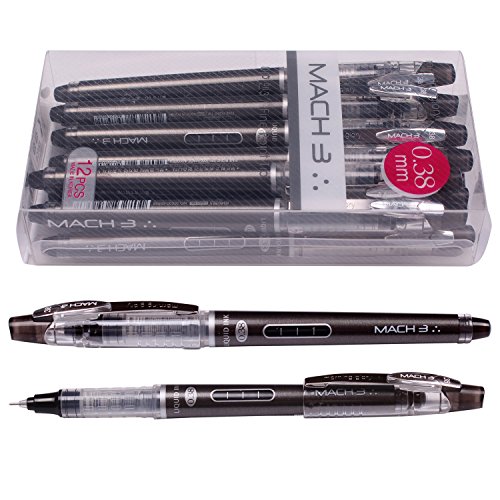 Morning Glory Mach Liquid ink 3 Roller Ball Pen - 0.38 Mm-Black (Pack of 12 Pens)