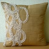 Jute Rings - 18x18 Inches Throw Pillow Covers - Silk Pillow Cover with Jute Embroidery & Pearls