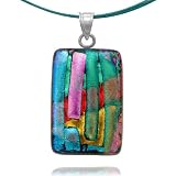 Sterling Silver Dichroic Glass Pink, Turquoise Color and Red Rectangular Pendant on Stainless Steel...