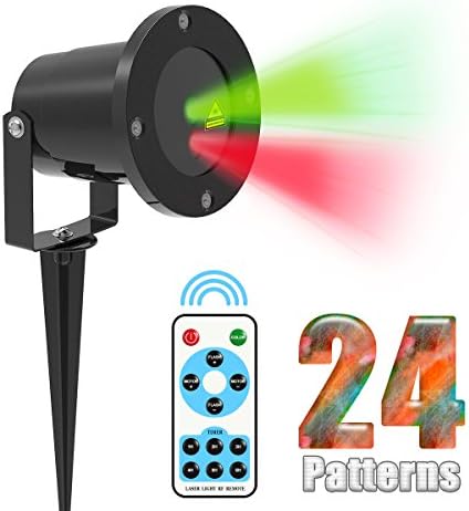 iHousekeeper Outdoor Laser Christmas Lights Projector, 24 Patterns, Red and Green Colored Laser Light Show for Halloween Christmas Holiday Party Landscape and Garden Decoration, Moving and Stoppable