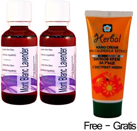 Set of Two Lavender Oil, Mont Blanc 50ml/1.69 Oz Each Bottle -Lavandula Angustifolia- 40/42 Grade 100% Pure, Undiluted, Therapeutic Grade. Origin France , Shipped Directly From Europe + Free Herbal Cream with Your Order