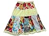 Womans Skirt- Cotton Printed Crinkle Patch Work Boho Vintage Mid Length Skirt in Multicolor (Yellow)