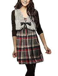 Scoop Neck Plaid Print Sleeveless Empire   Waistline Lace Pleated  Dress