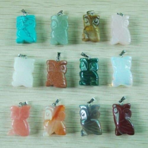 12Pcs Beautiful Carved Mixed Natural Stone Owl Pendants Charms Beads