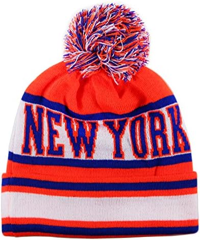 New York Thick Warm Cuffed Beanie Winter Hat Cap with Pom and Stripes One Size Adult ORANGE/BLUE