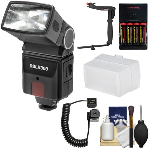 Precision Design DSLR300 High Power Auto Flash with Diffuser + Bracket + Kit for Canon EOS 6D, 70D, 7D Mark II, Rebel T3, T3i, T5, T5i, T6i, T6s, SL1 DSLR Cameras