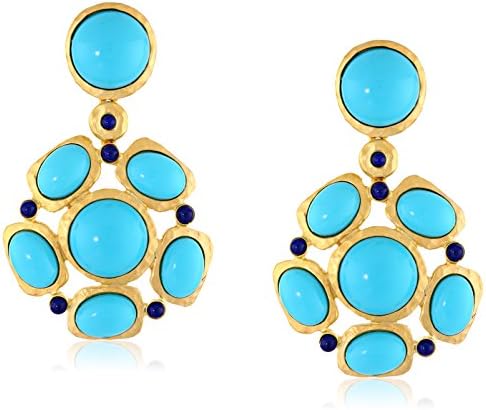 Kenneth Jay Lane Satin Gold Lapis Dots Turquoise Cabochons Cluster Clip-On Earrings