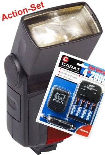 Blitzgerät Set Profi AF 34 - LZ 34 mit Akkulade-Set 4x 2800 mAH + Ladeset für 220 Volt und 12 Volt Autoadapter passend für Sony Alpha 350, A300, 200, 700, 100, 65V, 77V