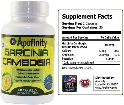 Garcinia Cambogia Extract 1000mg Per Serving, Pure Garcinia Cambogia Extract with 60% Hca, 60 Capsules Per Bottle with 500mg Per Capsule, Garcinia Cambogia Is Formulated with Calcium and Chromium for Increase Effectiveness and Absorption (60 Capsules)