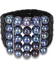 Silver Freshwater Black Pearl Black Leather Cord Wire Bracelet (9-10mm), 7"