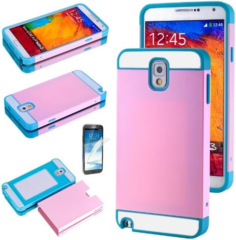 Multi Tone Dual Layer Matte Slim Hybrid TPU Case Cover For Samsung Galaxy Note III 3 N9000 w/ Screen Protector (Pink / Teal)