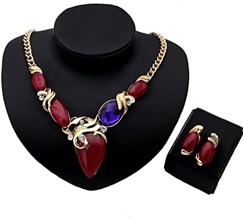 Fashion Women 18k Gold Plated Crystal Jewelry Set Necklace&amp;earrings (Red)
