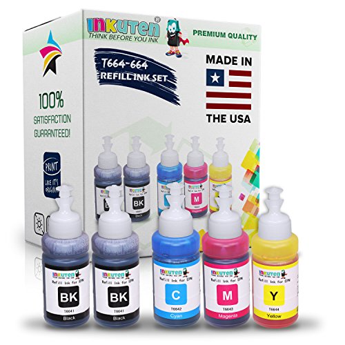 INKUTEN (TM) Set of 5 Refill Ink Kit Ecotank 70ml for Epson T6641 T6642 T6643 T6644 and Expression Eco tank ET-2500 ET-2550 ET-4500 ET-4550 L100 L110 L120 L200 L210 L300 L350 L355 L550 L555 Printers