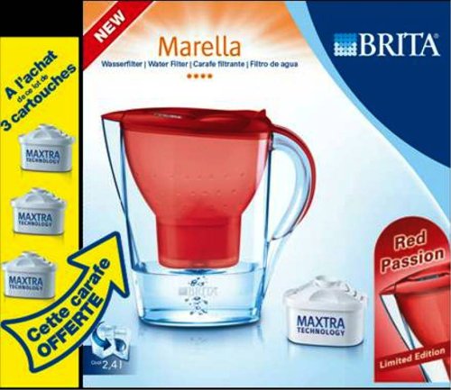 Brita - 103251 - Pack de 3 Cartouches Maxtra + 1 Carafe filtrante Marella Rouge - 1.4 l d'eau filtrée - Technologie de filtration Maxtra