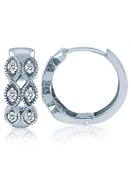 Pave Diamond Millgrain Edged Huggie Hoop Earrings 14K White Gold (1/3cttw, SI Clarity, H Color )