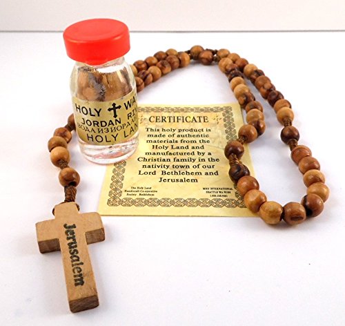 Holy Land Olive Wood Rosary Beads From Jerusalem with Holy Water Bottle From the Jordan River