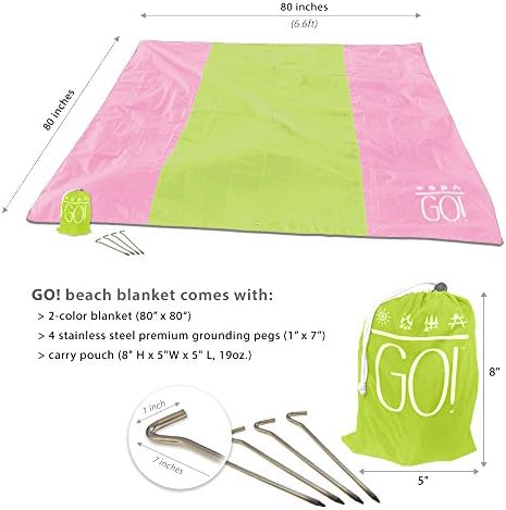 GO! XL Waterproof Beach Blanket / Picnic Blanket 7x7 Satisfaction Guaranteed! Lightweight, Compact & Sand Free. Made From Ripstop Premium Oxford Fabric with Built In Sand Pockets and Corner Loops.