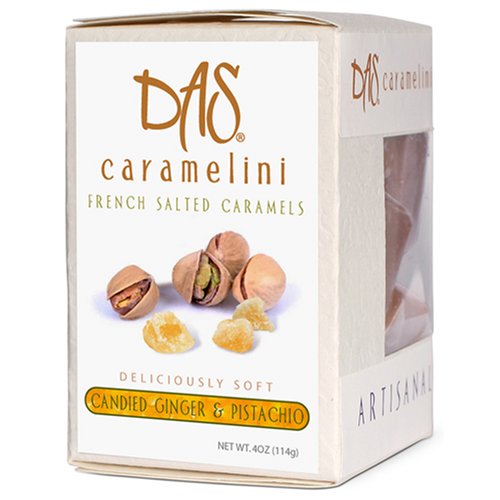 All Natural Fleur de Sel Caramels - Candied Ginger & Pistachio, 4 Oz Box by Das Foods