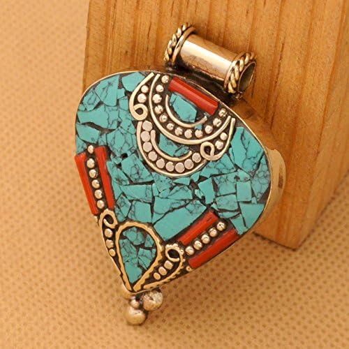 1 Pendent-White Metal Tibetan Nepalese Style Coral Turquoise Mosic Pendant from Nepal L164