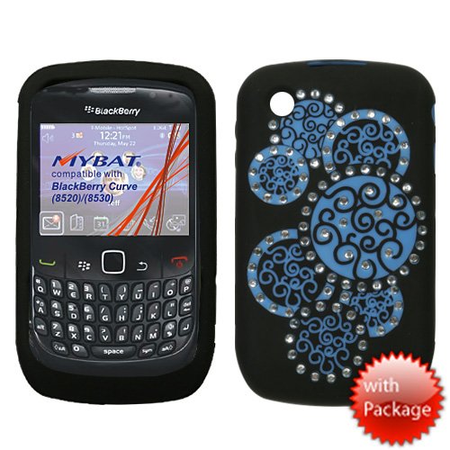 Solid Black with Dark Blue Round Circles Design White Crystals Diamonds Bling Laser Cut Silicone Skin Cover Case Cell Phone Protector for BlackBerry Curve 8520 8530
