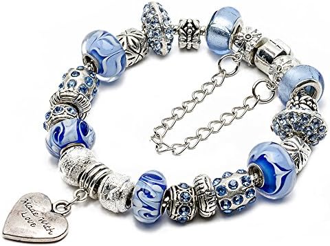 RUBYCA Silver Tone European Charm Bracelet 7.9" Blue Murano Glass Beads DIY Jewelry Making Kit 6