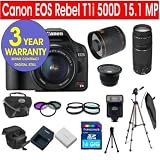 Canon EOS Rebel T1i 500D 15.1 MP Digital SLR Camera with Canon EF-S 18-55mm IS Lens + Canon 75-300mm f/4-5.6 Telephoto Zoom Lens + Rokinon 500mm F/8 Lens with 2x Converter (=1000mm) + .42x Wide Angle Lens with Macro + +1, +2, +4, +10 4 Piece Macro Close Up Kit + 16 GB Memory Card + Multi-Coated UV Filter (2) + Multi-Coated Polarizer Filter + Digital Slave Flash + 50 Titanium Anodized Tripod + Deluxe Camera Bag + 6 Piece Accessory Kit + 3 Year Warranty Repair Contract