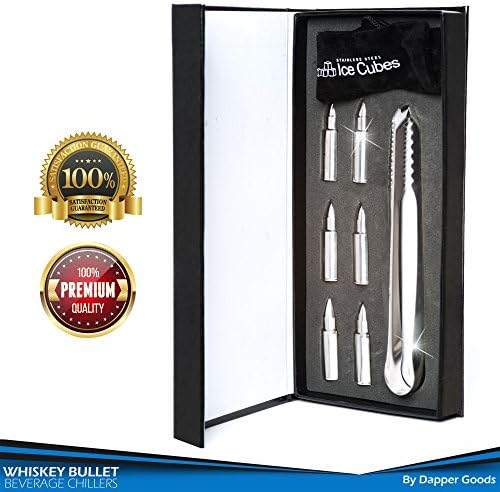 Six Premium Whiskey Bullet Beverage Chillers For The Distinguished Gentleman, Food Grade Stainless Steel, Liquor Chiller, Great For Whiskey, Scotch, Vodka, Liqueurs, Storage Bag, Bonus Tong Included!