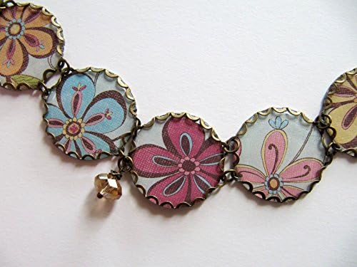 Metal and Paper Charm Bracelet with Flowers in Yellow, Blue and Pink, Glass Beads, Ephemera, Antiqued Brass Bezels, Adjustable Length