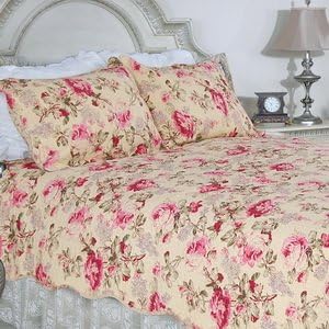 [Blooming Peony] 100% Cotton 3PC Classic Floral Vermicelli-Quilted Quilt Set (Full/Queen Size)
