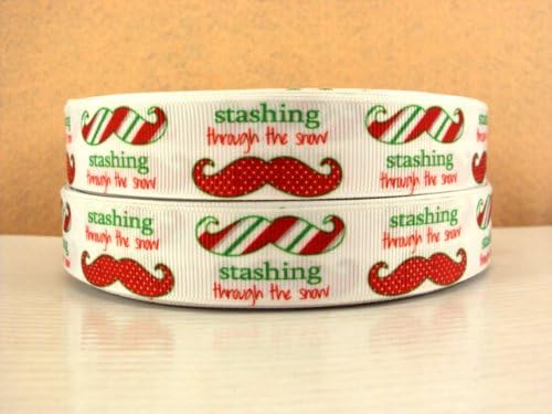 5 yards 7/8 Christmas Stashing through the Snow Mustache Grosgrain Ribbon