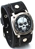 Nemesis #B926K Men's Gun Metal Skull Dial Wide Leather Cuff Band Watch