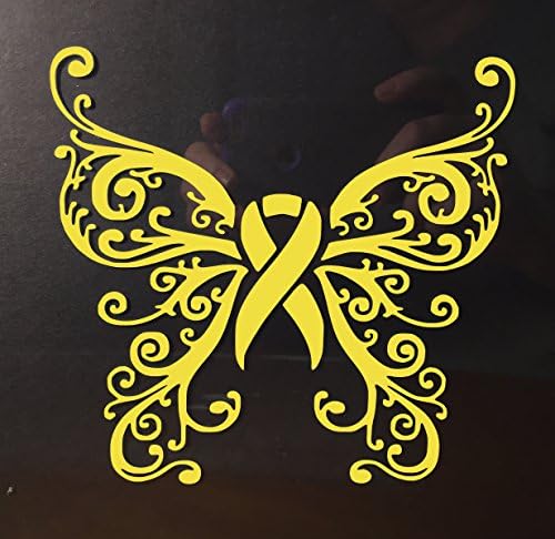 Yellow Awareness Ribbon Butterfly Fancy Window Decal (Spina Bifida, Adenosarcoma, Ewings Sarcoma, Liver Cancer, Liver Disease, Endometriosis)