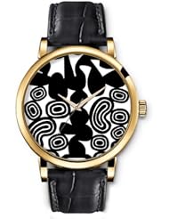 SPRAWL Aanalog Fashion Series Gold Ladies Watches of Genuine Black Leather Strap,Unique Wrist Watch for Women Girls Designed with Black irregular shapes