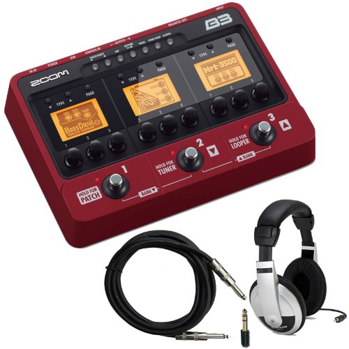 Zoom B3 Bass Effects and Amp Simulator with TS Instrument Cable and Closed-Back Headphones