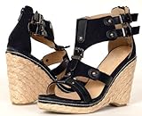IMAGE OF Ladies Black Designer Shoes Buckle Wedges 6.5