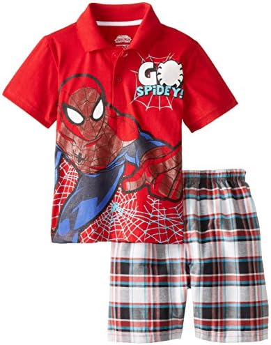 Marvel Little Boys' Spiderman  Polo Woven Plaid Short Set, Red, 5
