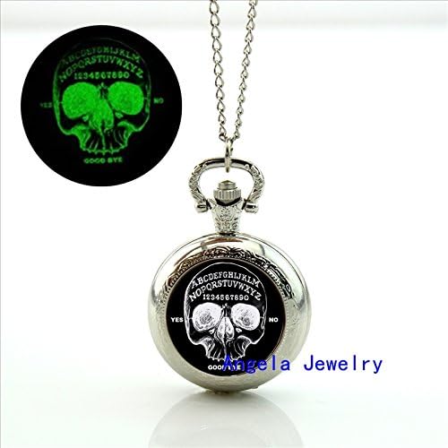 Pretty Lee Fashion Ouija Skull Glowing Pocket Watch Necklace Ouija Skull Glow in the Dark Pendant Glass Cabochon Jewelry