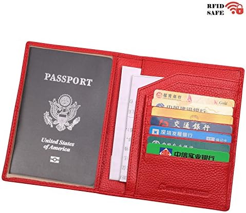RFID Blocking Super Slim Travel Passport Holder Wallet Genuine Leather (Red)
