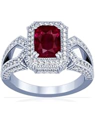 18K White Gold Cushion Cut Ruby Ring With Sidestones