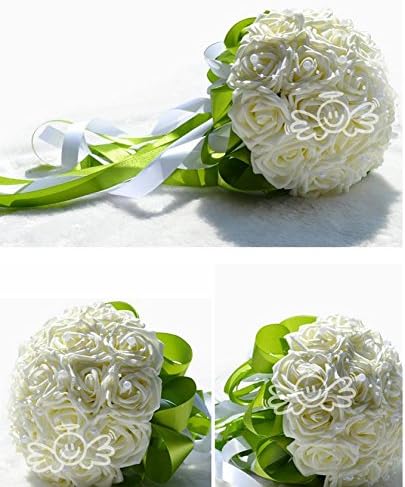 18pcs Artificial Roses with Pearls Chains Stain Ribbon Handle Bride Holding Flower Bouquet (Ivory)