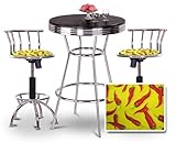Chrome Bar Table & 2 Chrome Adjustable 24"-29" Chili Peppers Fabric Seat Ba ....