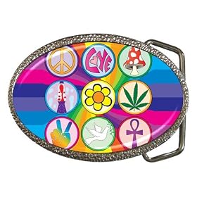 Belt Buckle of 60s Icons on Rainbow Swirl (Peace Symbol, Love Sign, Mushroom, Lava Lamp, Sunflower, Marijuana Leaf, Peace Hand Sign, Peace Dove, and Ankh) (Clothing, Fashion, Dress, Events, Hairstyles, Hippies, Fads, Trends, Movement, History, Soul, Style, Disco) thumbnail
