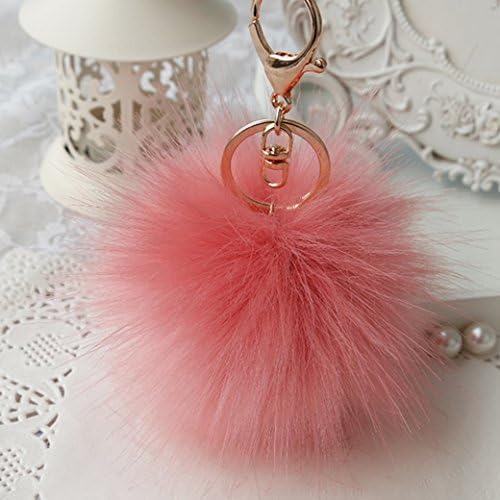 18 K Gold Plated Keychain with Plush Cute Fox Fur Ball Keychain for Car Key Ring Handbag Tote Bag 10CM 3.9IN (pink)