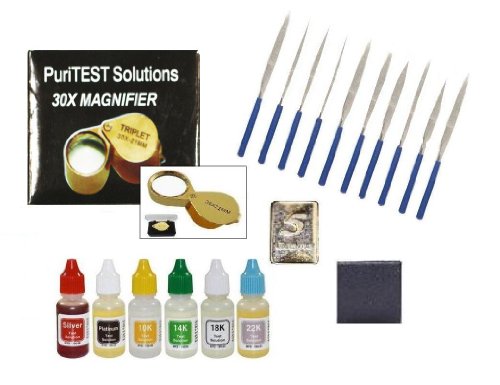 Bulk Jewelry Supplies-Gold Silver Platinum Testing Kit-PuriTEST Acids, Stone, 10 Files, Loupe, 5gr Solid Silver